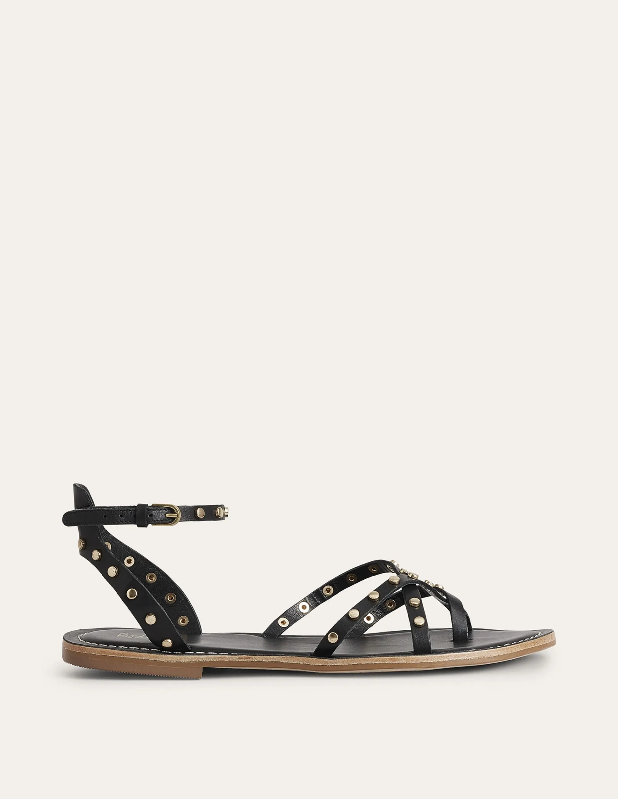 Studded Classic Flat Sandals-Black Leather