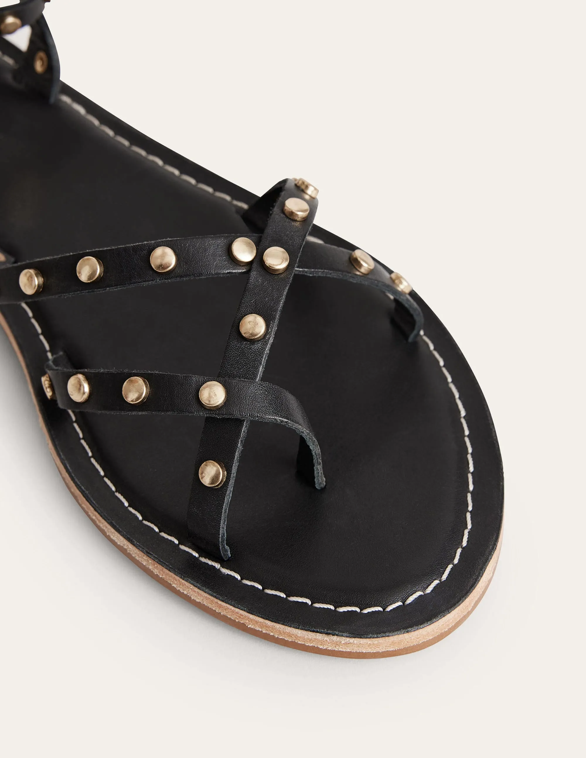 Studded Classic Flat Sandals-Black Leather