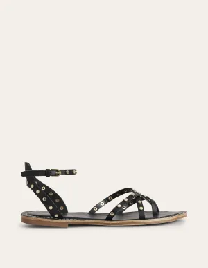 Studded Classic Flat Sandals-Black Leather