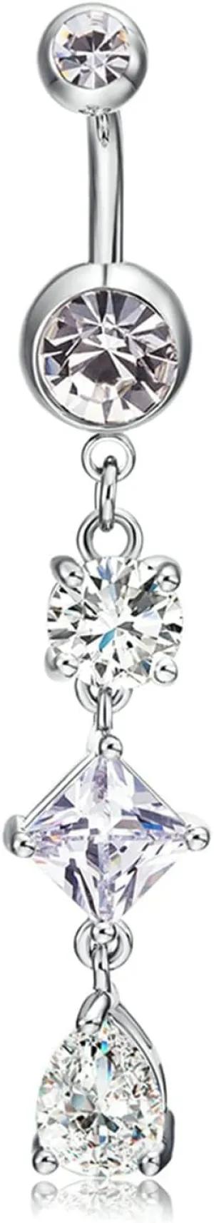 Surgical Stainless Steel Navel Ring, Crystal Silver Navel Rings for Women Geometric Silver Navel Ring