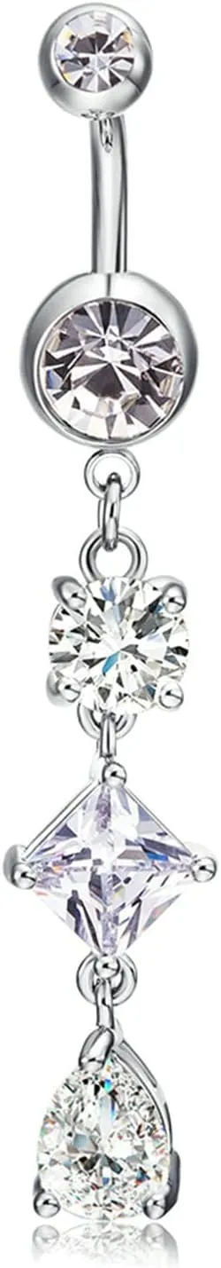 Surgical Stainless Steel Navel Ring, Crystal Silver Navel Rings for Women Geometric Silver Navel Ring