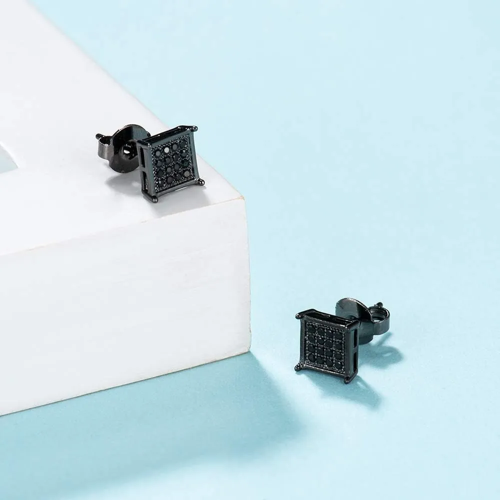 Tarsus Hypoallergenic Black Square Men Earrings Studs Stainless Steel Earrings for Sensitive Ears Nickel Free Jewelry Diamond Unisex Hip Hop Studs
