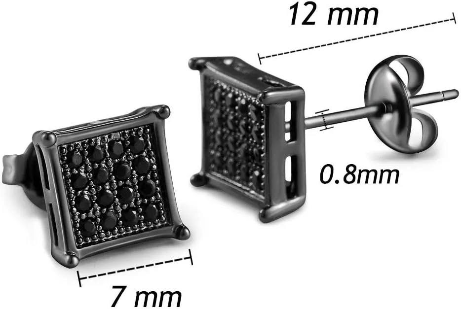 Tarsus Hypoallergenic Black Square Men Earrings Studs Stainless Steel Earrings for Sensitive Ears Nickel Free Jewelry Diamond Unisex Hip Hop Studs