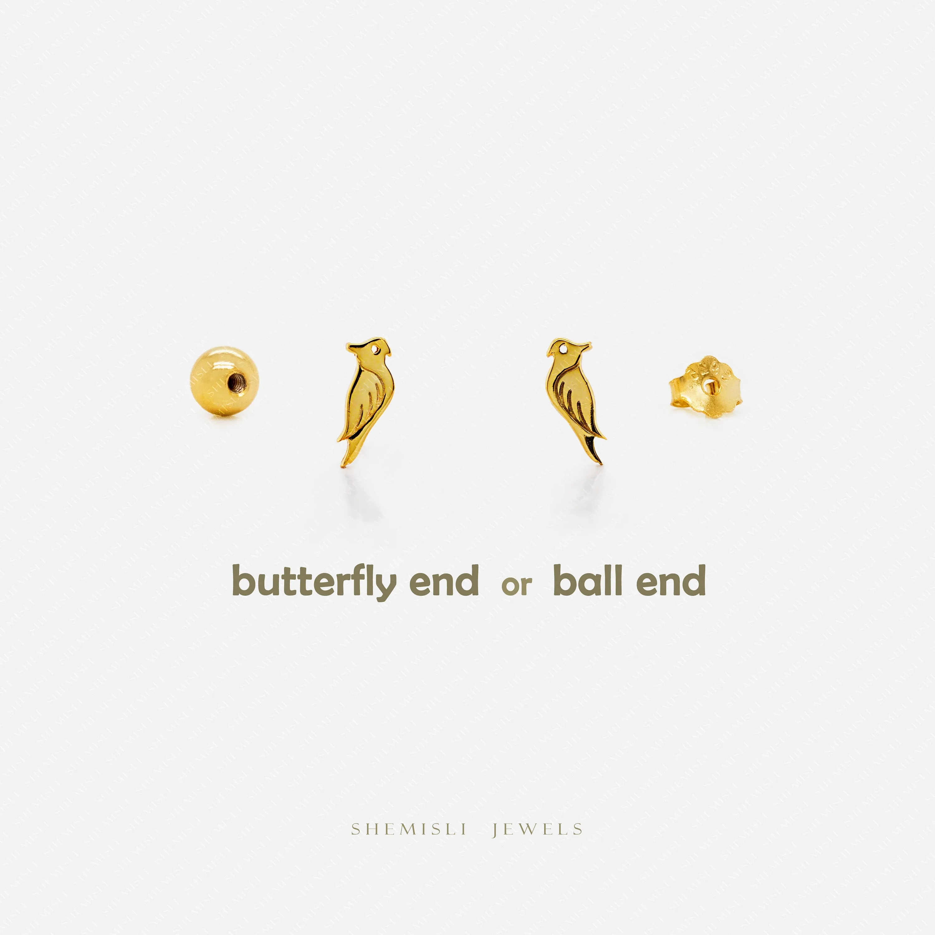 Tiny Parrot Bird Stud Earrings, Unisex, Gold, Silver SS711 Butterfly End, SS712 Screw Ball End (Type A) LR