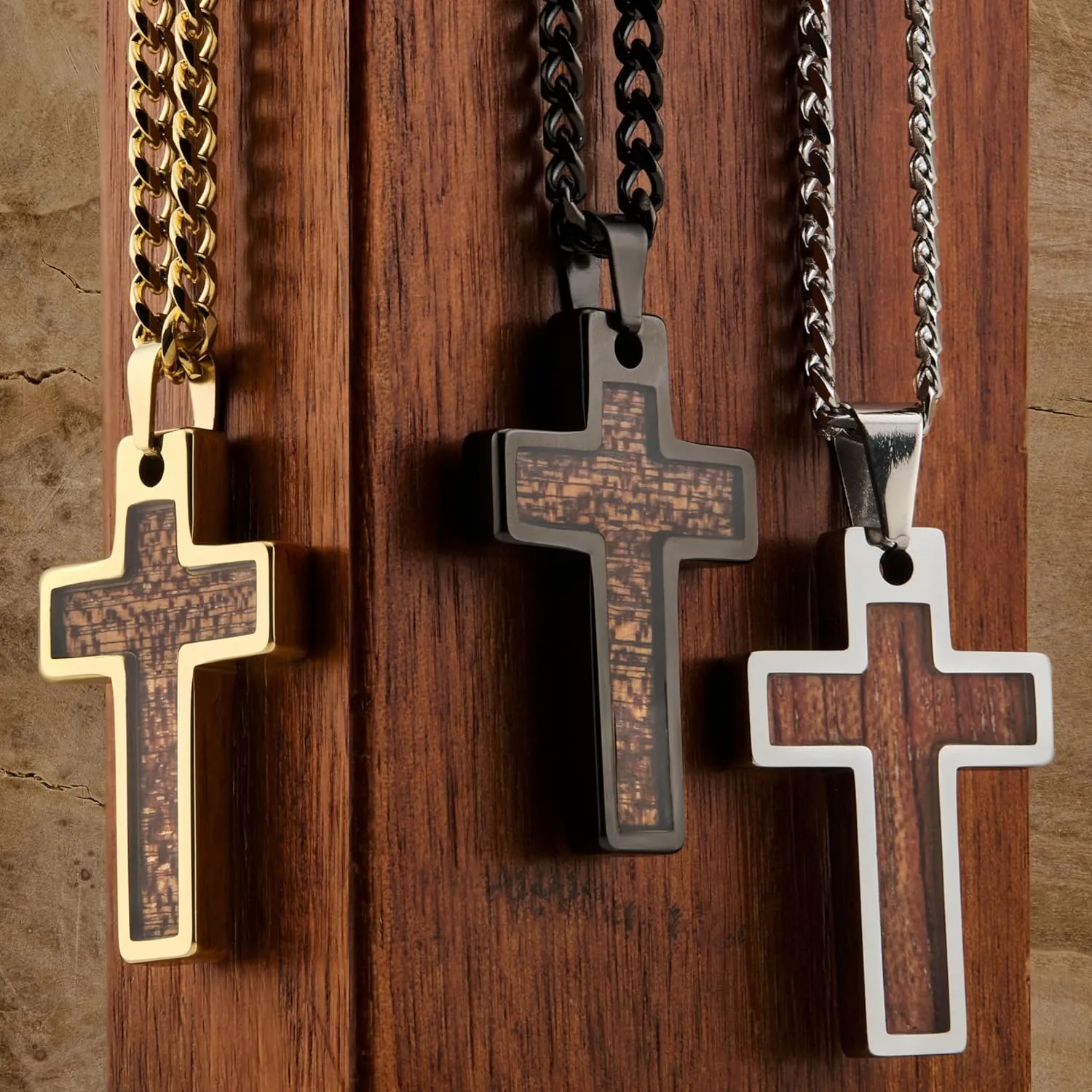 Tungsten Cross Gold Plated, Black Plated or Polished with Different Inlays and Stainless Steel Cuban necklace 16" to 28" in length