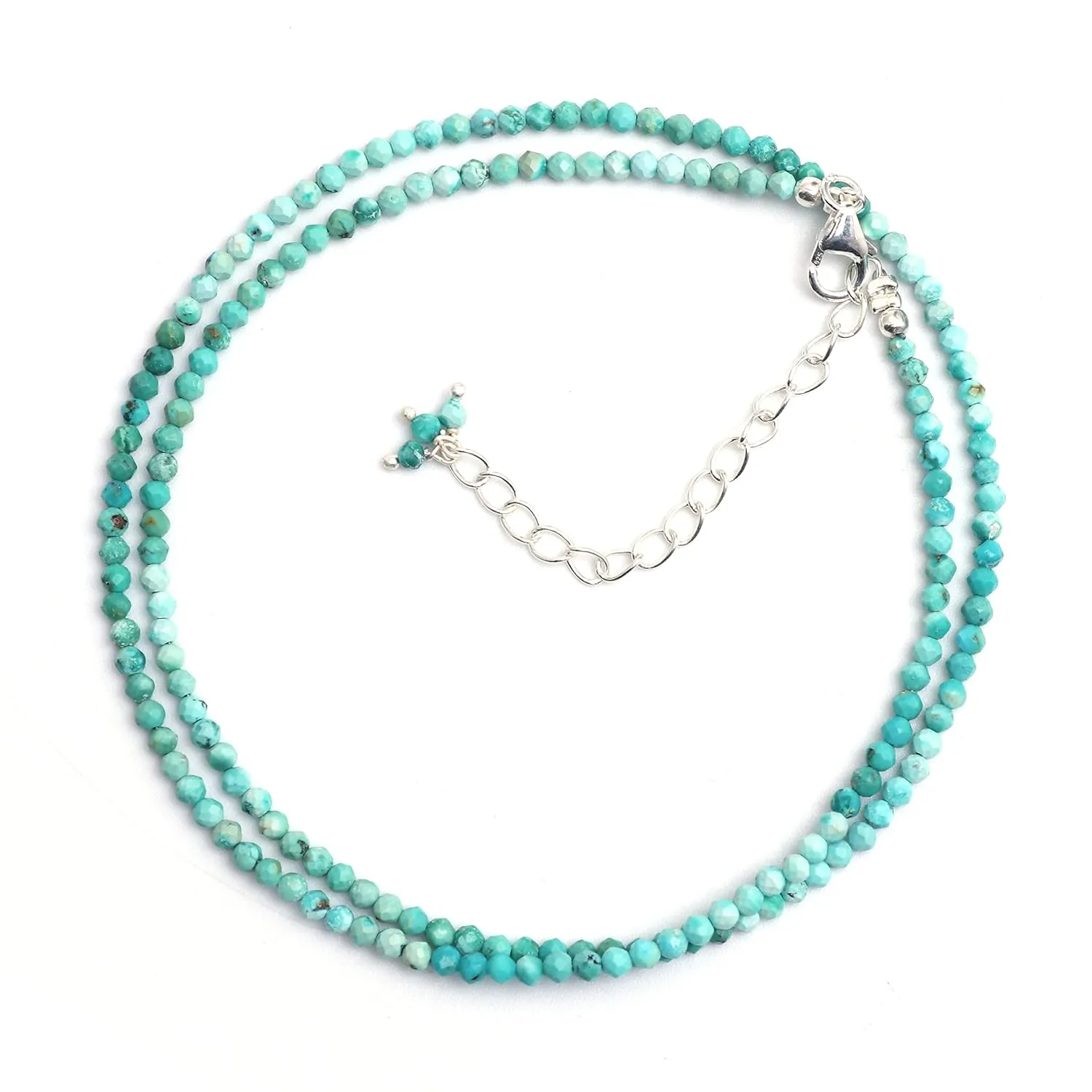 Turquoise Beads Necklace, Choker Style, Gemstone Beaded Necklace, December Birthstone, Boho 925 Sterling Silver Jewelry 18 inch Adjustable Chain Gift for Girlfriend