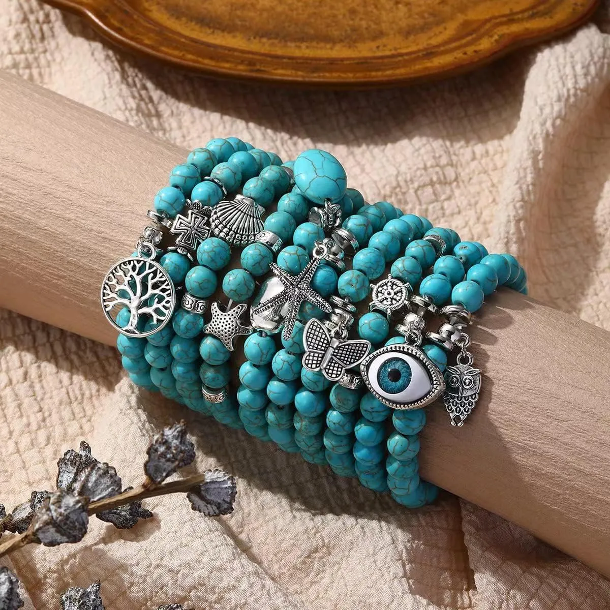 Turquoise Bracelet for Women,Healing Crystal Stone Stretch Round Bead Bracelets for Women Men Jewelry