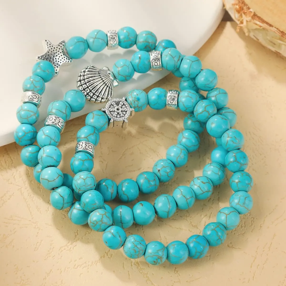 Turquoise Bracelet for Women,Healing Crystal Stone Stretch Round Bead Bracelets for Women Men Jewelry