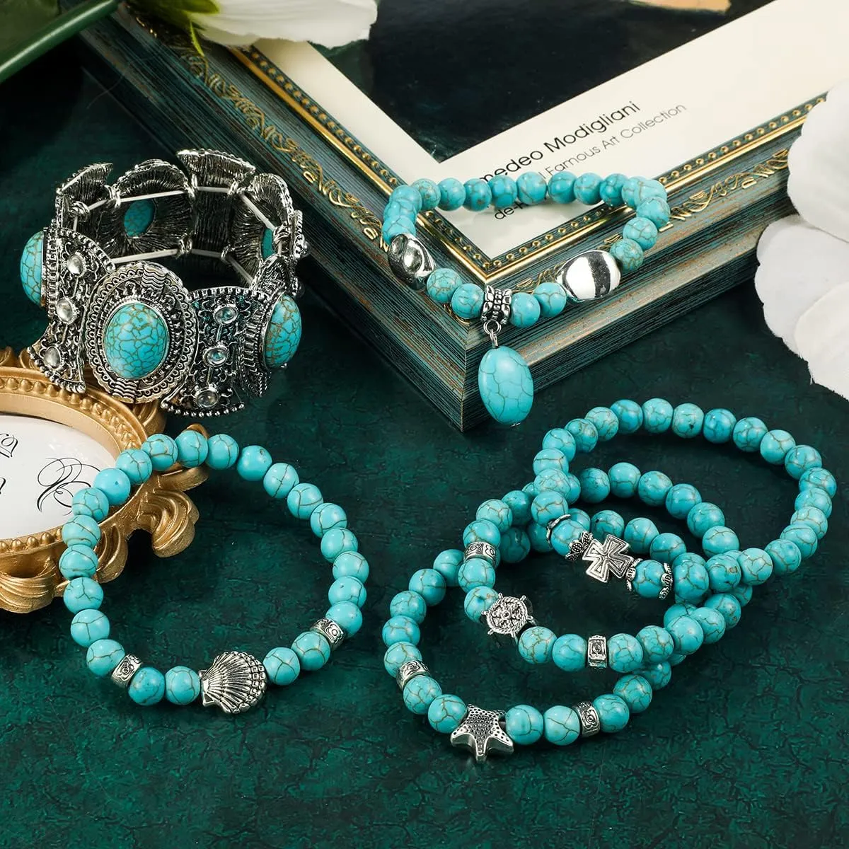 Turquoise Bracelet for Women,Healing Crystal Stone Stretch Round Bead Bracelets for Women Men Jewelry
