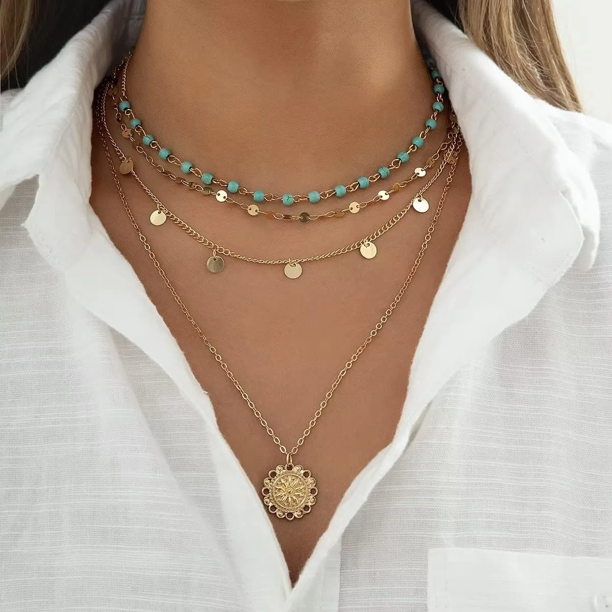 Turquoise Layered Necklace for Women Men Gold Plated Coin Pendant Choker Chain Glitter Boho Sequin Tassel Necklaces Jewelry Gift