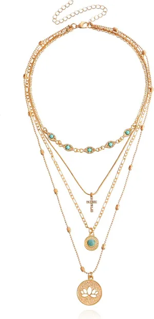 Turquoise Layered Necklace for Women Men Gold Plated Coin Pendant Choker Chain Glitter Boho Sequin Tassel Necklaces Jewelry Gift