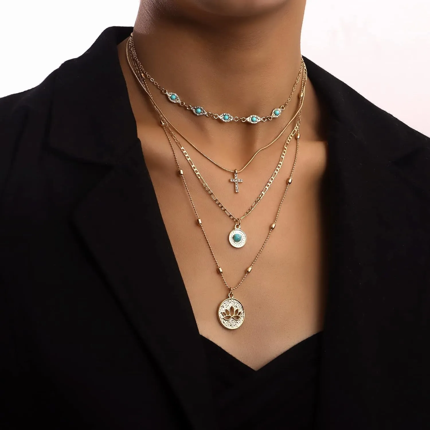 Turquoise Layered Necklace for Women Men Gold Plated Coin Pendant Choker Chain Glitter Boho Sequin Tassel Necklaces Jewelry Gift