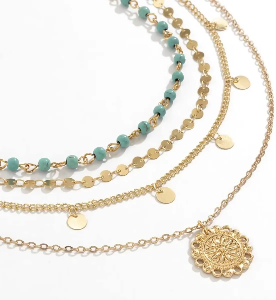 Turquoise Layered Necklace for Women Men Gold Plated Coin Pendant Choker Chain Glitter Boho Sequin Tassel Necklaces Jewelry Gift