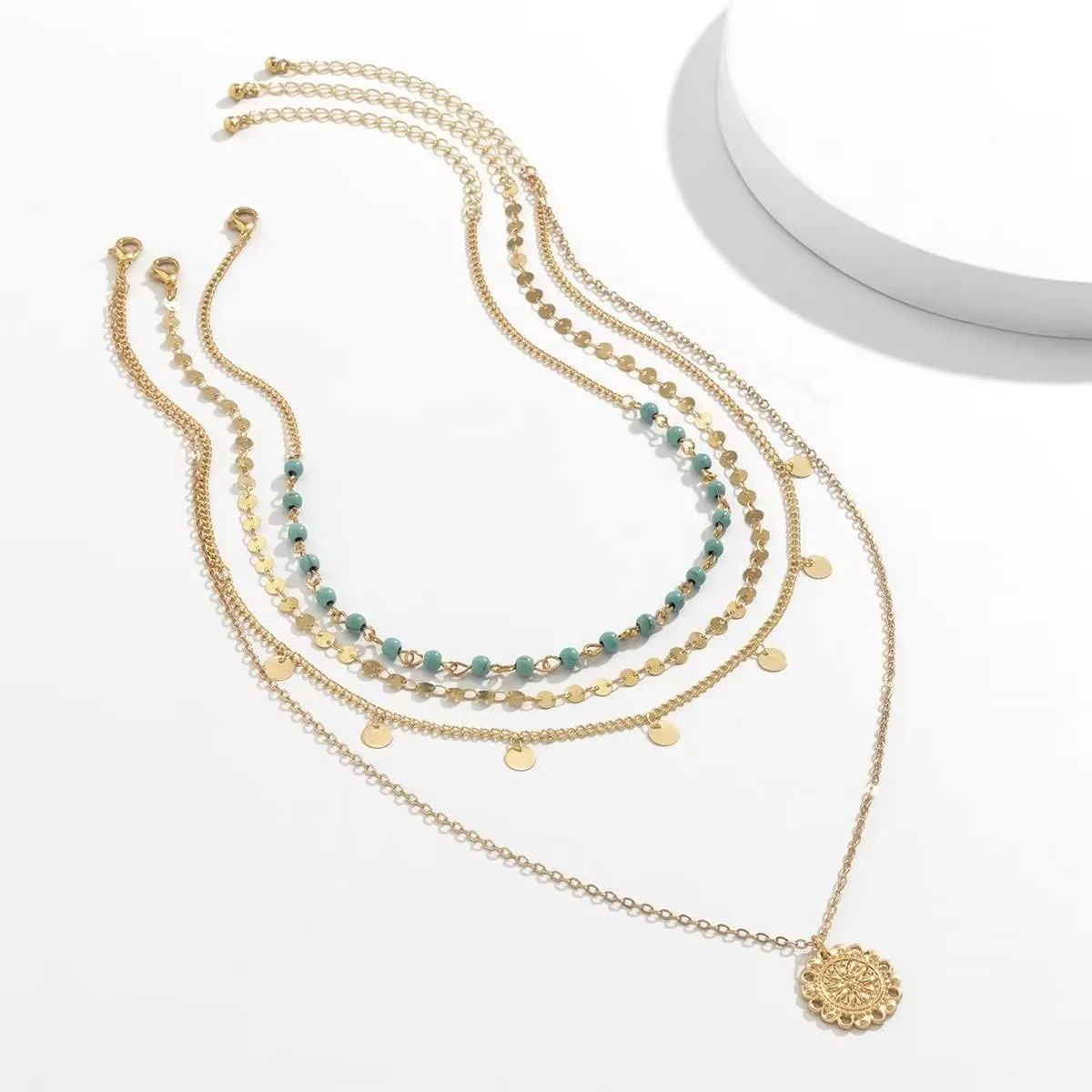 Turquoise Layered Necklace for Women Men Gold Plated Coin Pendant Choker Chain Glitter Boho Sequin Tassel Necklaces Jewelry Gift