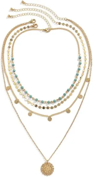 Turquoise Layered Necklace for Women Men Gold Plated Coin Pendant Choker Chain Glitter Boho Sequin Tassel Necklaces Jewelry Gift