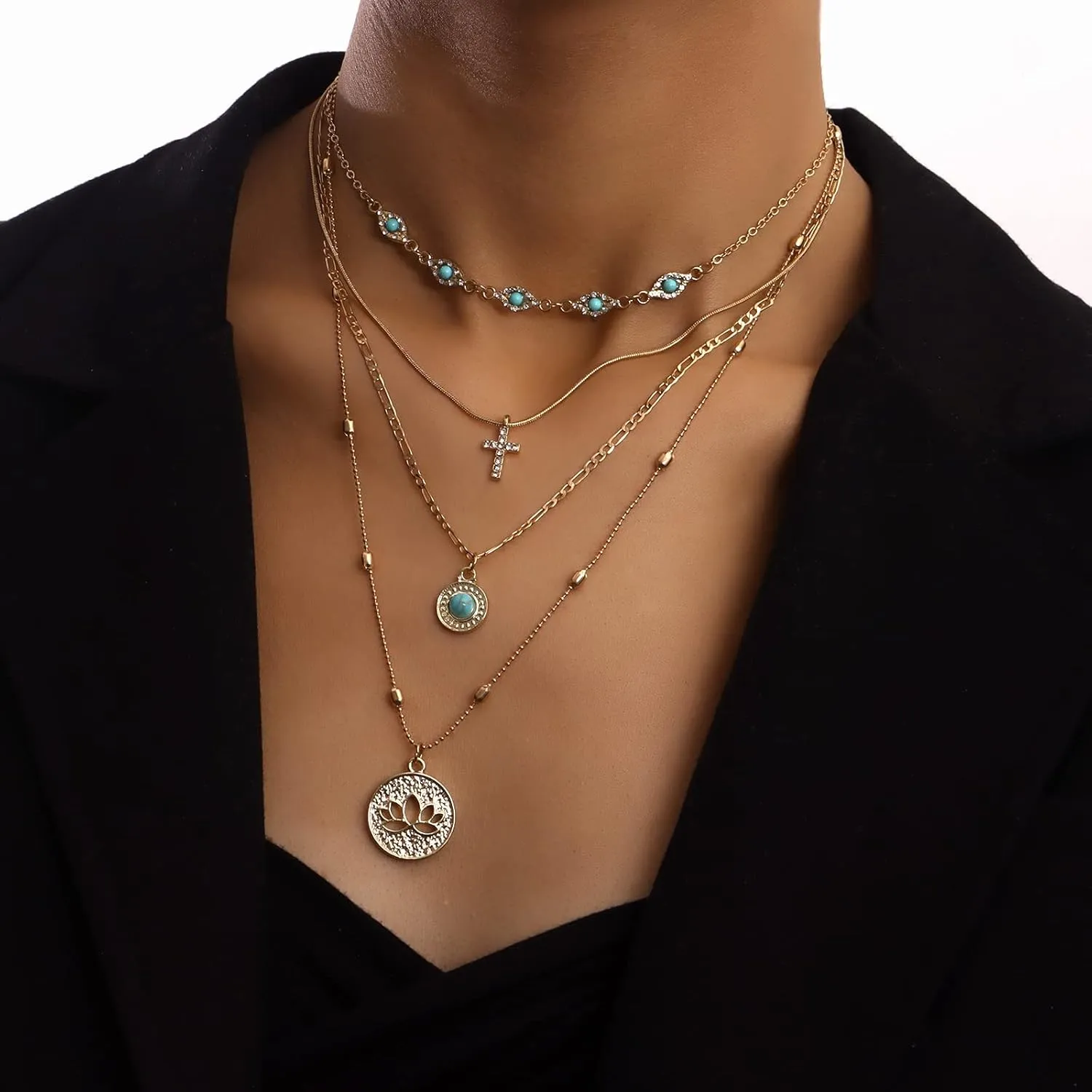 Turquoise Layered Necklace for Women Men Gold Plated Coin Pendant Choker Chain Glitter Boho Sequin Tassel Necklaces Jewelry Gift