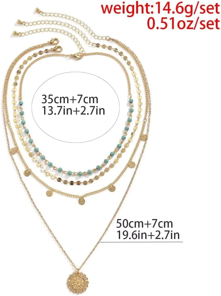 Turquoise Layered Necklace for Women Men Gold Plated Coin Pendant Choker Chain Glitter Boho Sequin Tassel Necklaces Jewelry Gift