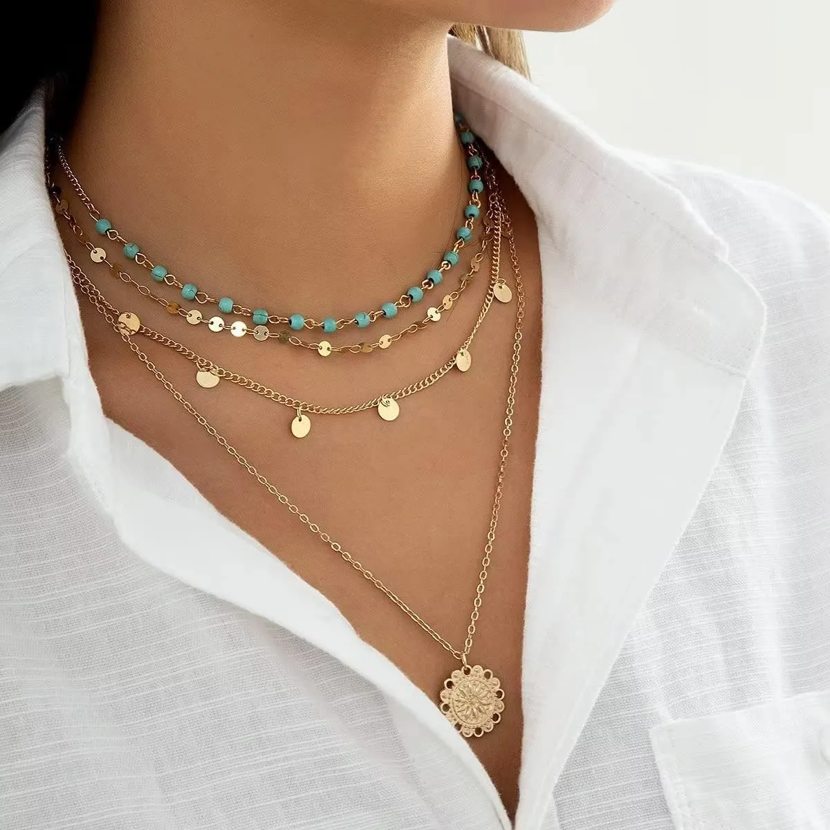 Turquoise Layered Necklace for Women Men Gold Plated Coin Pendant Choker Chain Glitter Boho Sequin Tassel Necklaces Jewelry Gift