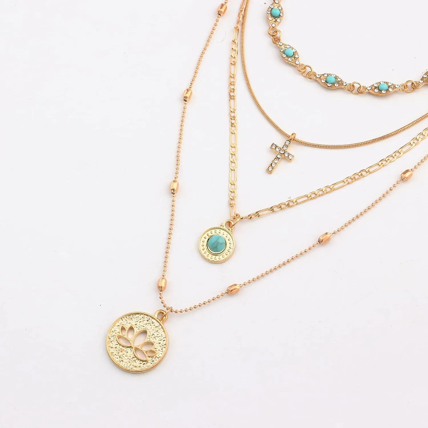 Turquoise Layered Necklace for Women Men Gold Plated Coin Pendant Choker Chain Glitter Boho Sequin Tassel Necklaces Jewelry Gift