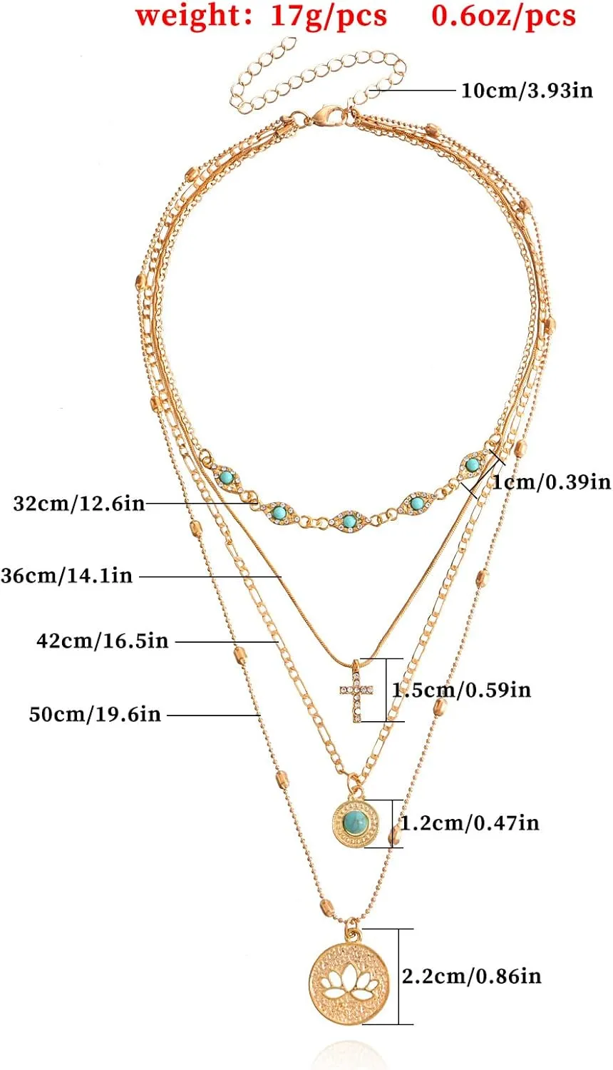 Turquoise Layered Necklace for Women Men Gold Plated Coin Pendant Choker Chain Glitter Boho Sequin Tassel Necklaces Jewelry Gift
