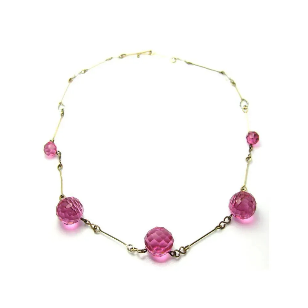 Vintage Art Deco 1930's Rolled Gold Pink Glass Necklace