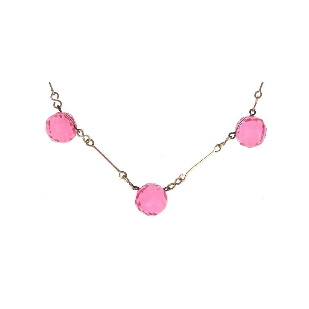 Vintage Art Deco 1930's Rolled Gold Pink Glass Necklace