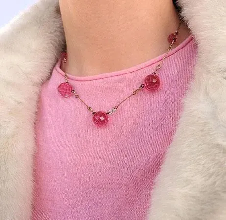 Vintage Art Deco 1930's Rolled Gold Pink Glass Necklace