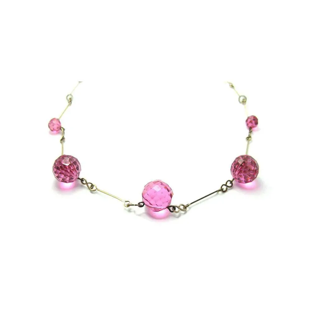 Vintage Art Deco 1930's Rolled Gold Pink Glass Necklace