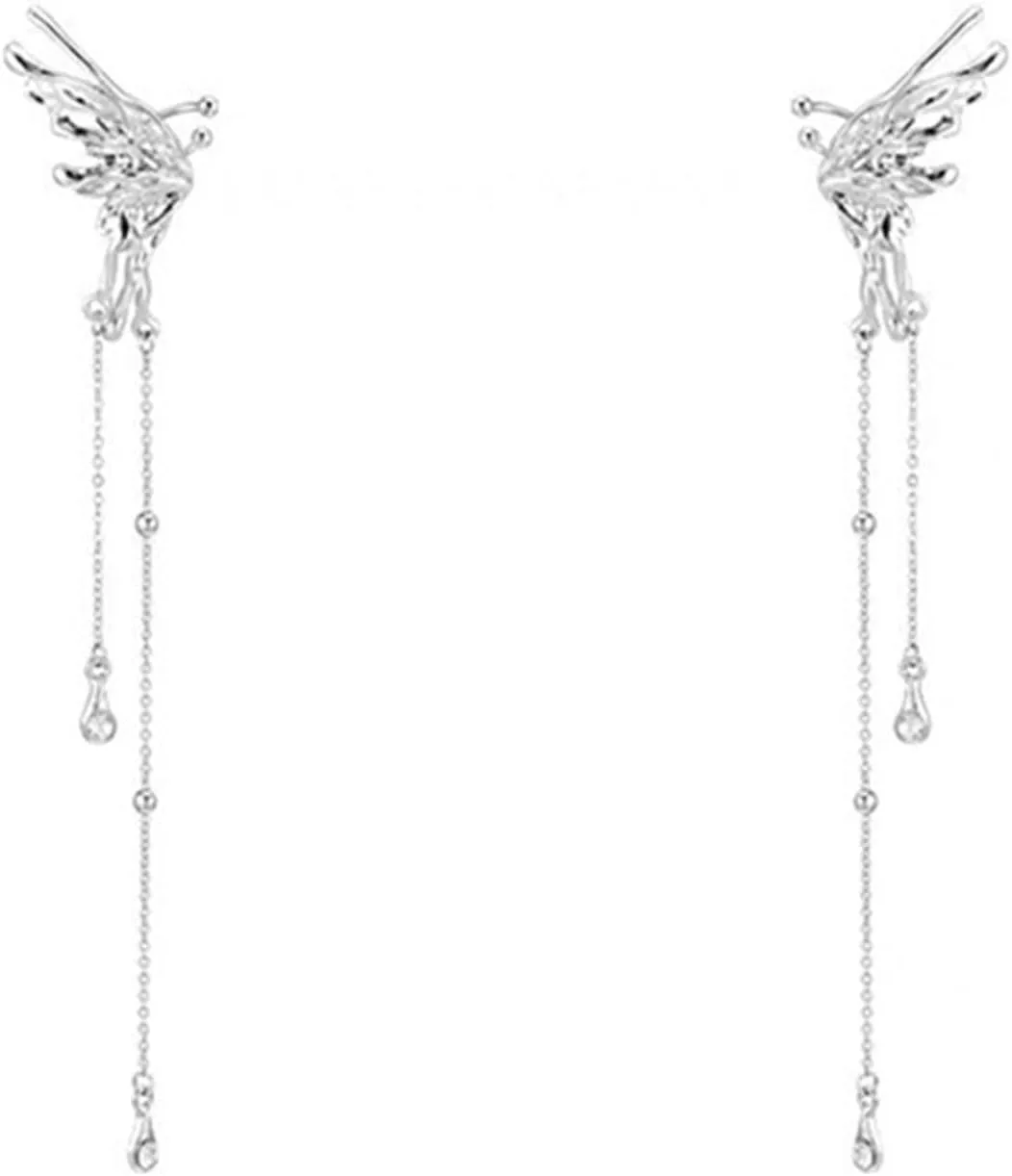 Wing Metal Butterflies Ear Cuff Piercing Earrings Trend Punk Design Female Long Ear Clip Jewelry, Length: 13cm, copper alloy