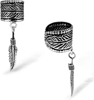 WithLoveSilver 925 Sterling Silver Oxidized Leaf Natural Hanging Feather Cartilage Ear Cuffs Earrings