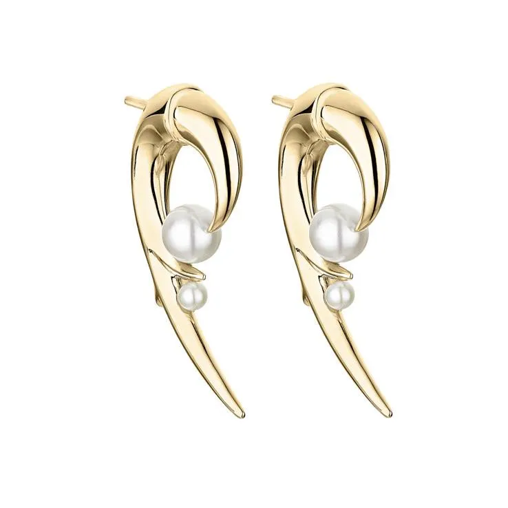 Yellow Gold Hooked Pearl Earrings